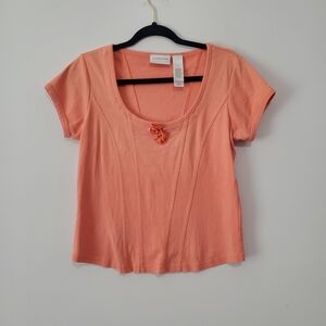 Vintage 90s  Y2K Liz Claiborne Babydoll Coral Peach T Shirt Faux Corset  Sz M